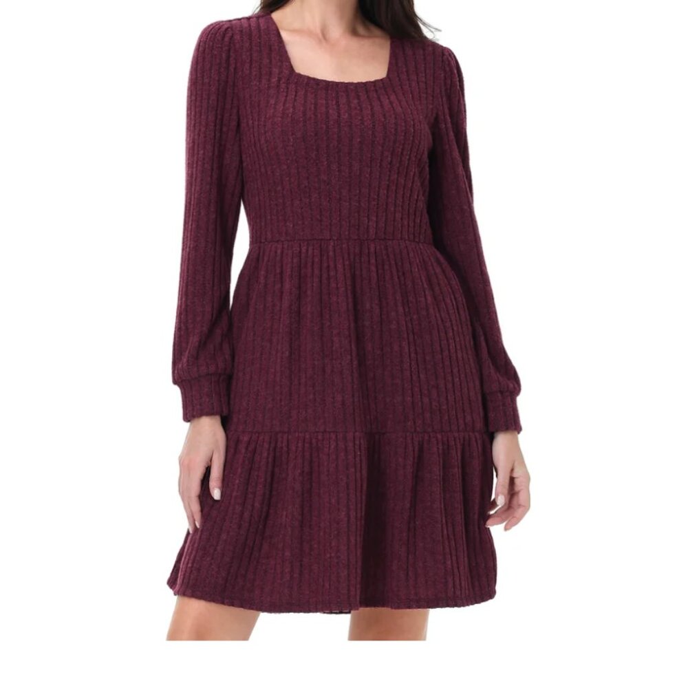 Frye Women's Dark Red Puff-sleeve Ribbed Tiered Midi Dress Size Large